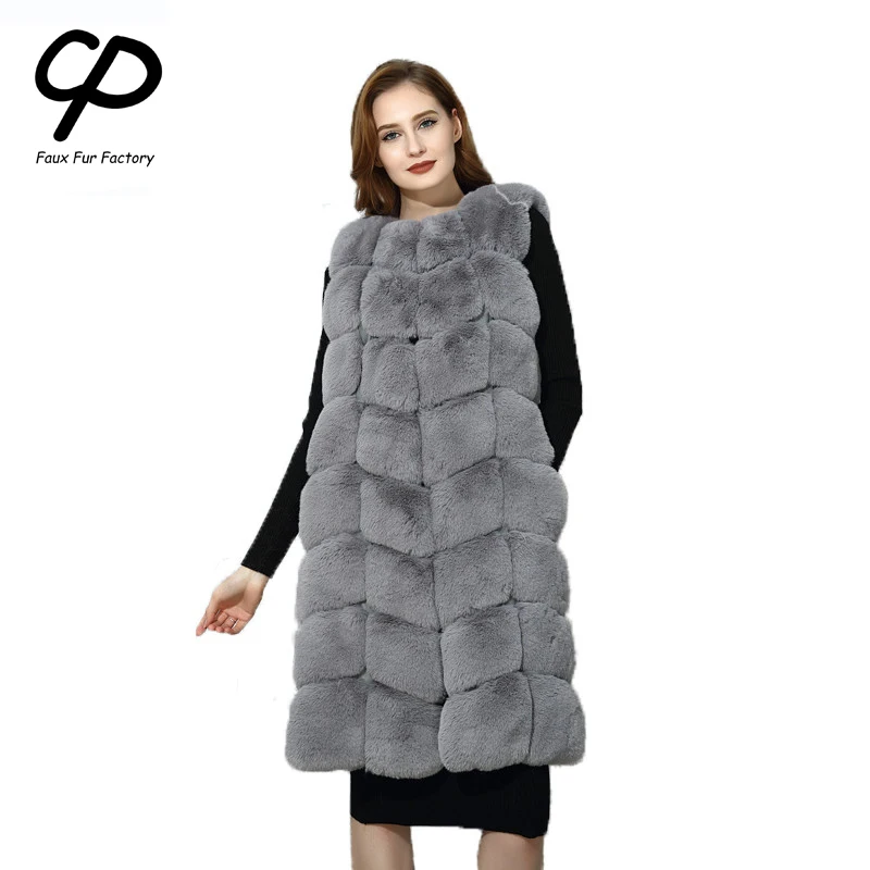 CP искусственный мех завод Мягкий Кролик жилет женская зимняя мода длинное пальто