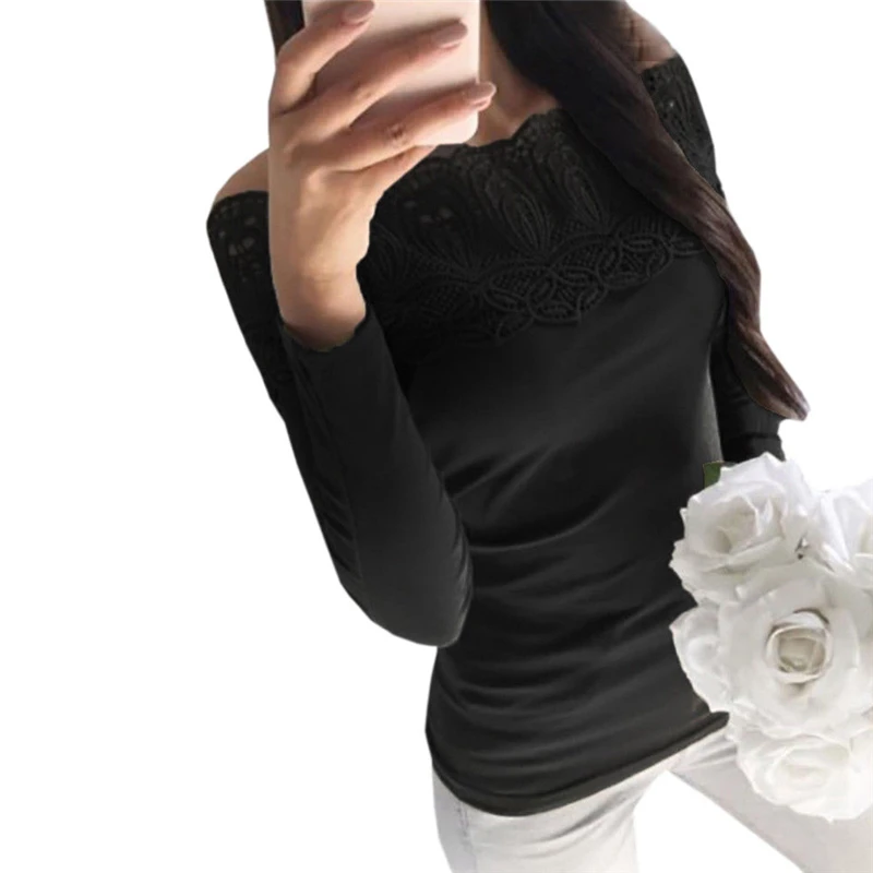2 Colors Casual Women Blouses Sexy Off Shoulder Lace Flower Hollow Blouse Tops Plus Size Shirts |