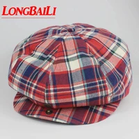 red plaid octagonal hats for men leisure beret caps newsboy caps flat top hats free shipping pbfe007