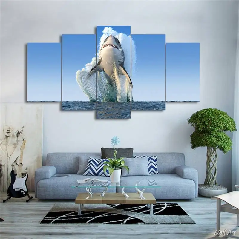 

Hd Printed 5 Piece Canvas Art Jumping Shark Painting Wall Pictures Decoration Framed Modular Painting Free Shipping -92774-YP