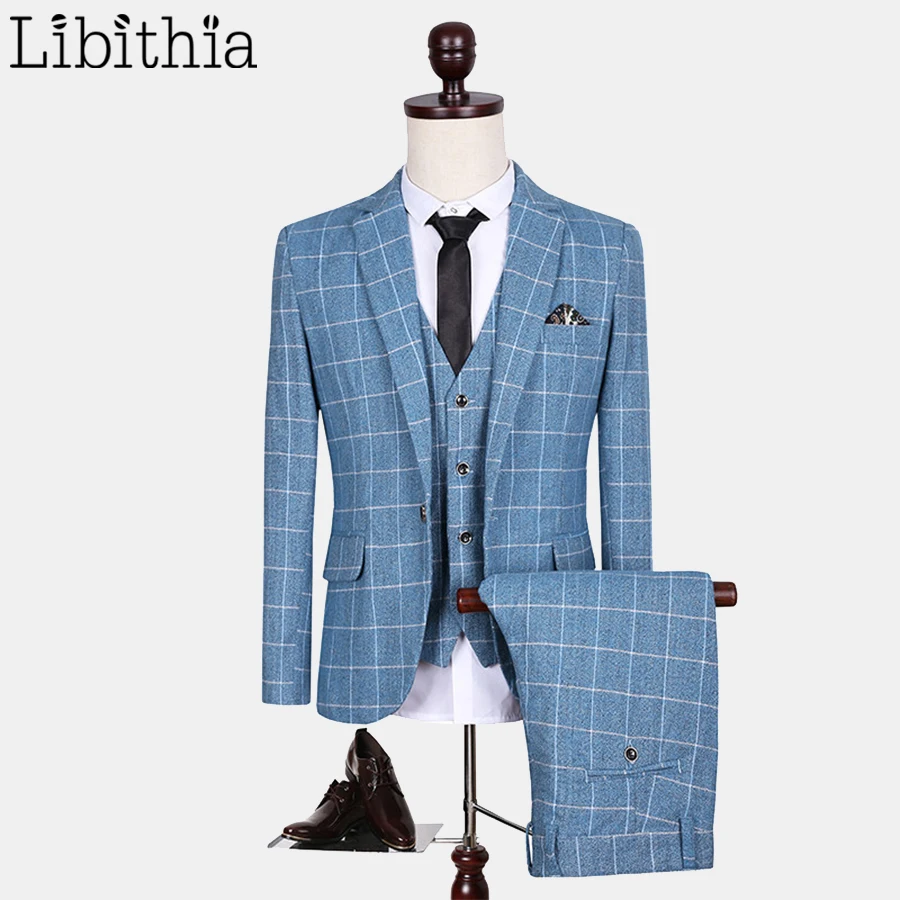 Мужской костюм в синюю клетку (пиджак + брюки жилет) официальный пиджак модный