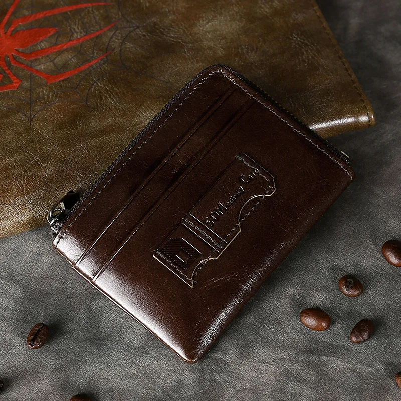 Dark Brown Портативный мужской кошелек из воловьей кожи с масляным воском, RFID, мини кошелек для монет с слотом для sd-карт, мужские маленькие тонкие кошельки, Новинка - Цвет: Dark Brown