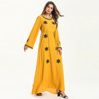 middle east yellow fashion long sleeved womens dress muslim embroidered round neck large swing pleated belt long skirt