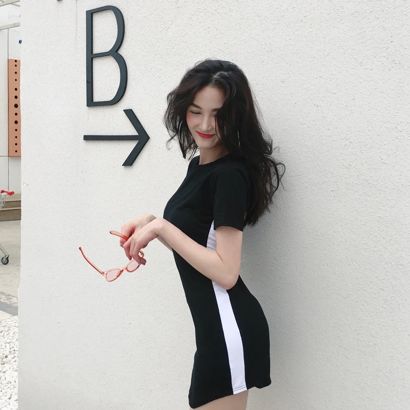 Lychee Girls Sexy Slim Hit Color Short Sleeve Summer Women Dress Contrast Sheath Causal A Line Female | Женская одежда