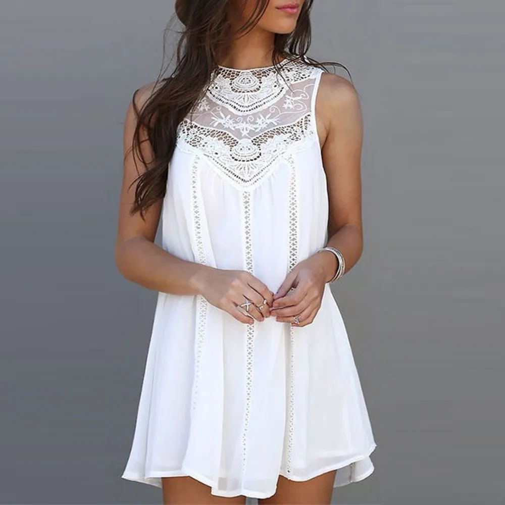 Women Casual Solid Lace Stitching O-Neck Sleeveless Chiffon Mini Dress ladies robe femme summer sundress korean dresselbise | Женская