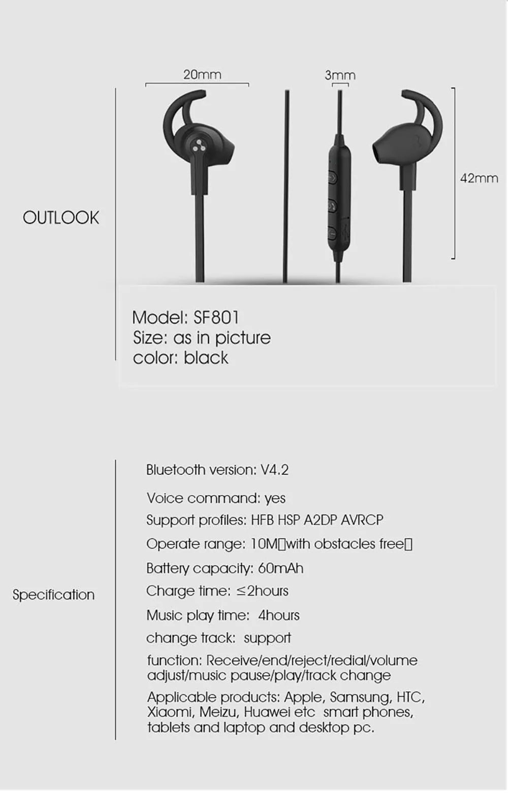 Слог Bluetooth 4,2 гарнитура Беспроводные спортивные наушники с микрофоном стерео гарнитура для телефона iPhone Bluetooth наушники Спорт SF801