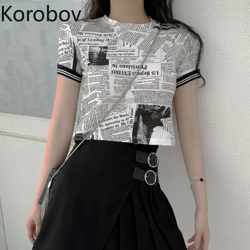 Korobov женские футболки корейский газетный принт уличная футболка Harajuku короткий
