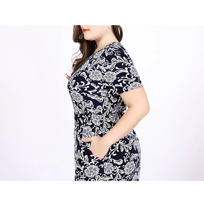 

B&N Print Summer Long Dress Women Cloth Floral Pullover XL-XXXXXXL Large Size Short Sleeve Girl Clothing Pockets Fashion Wear