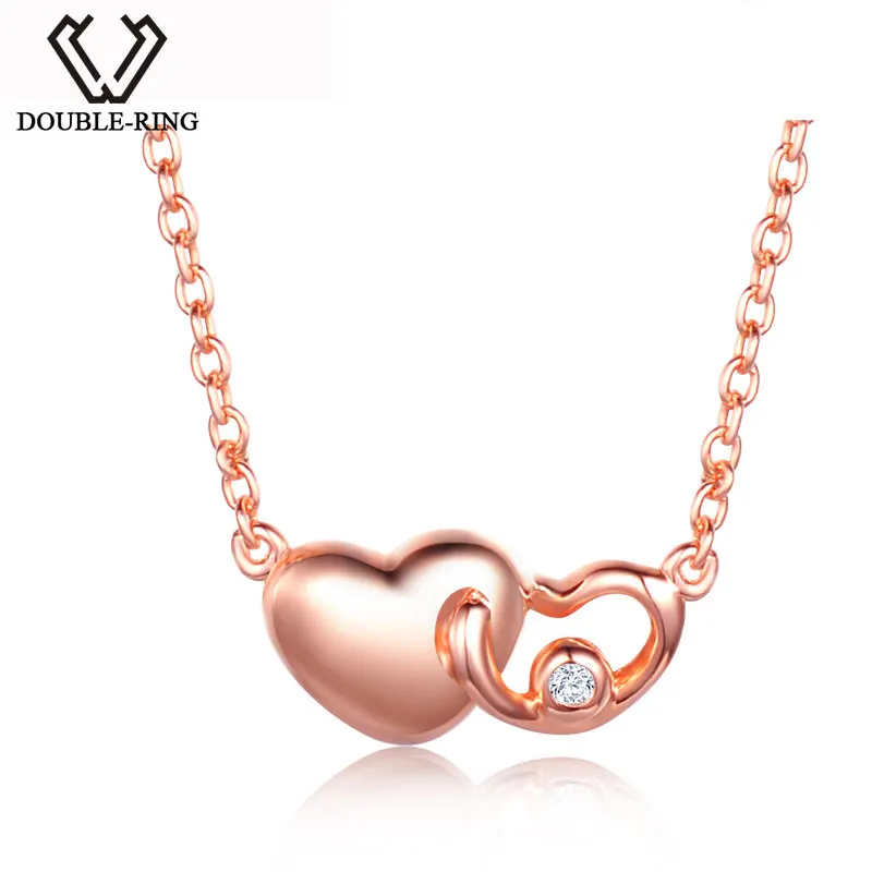 

DOUBLE-R Heart Necklaces Women 0.01ct Diamond Plated Real Rose Gold 18k 925 Sterling Silver Pendant Brand Jewelry