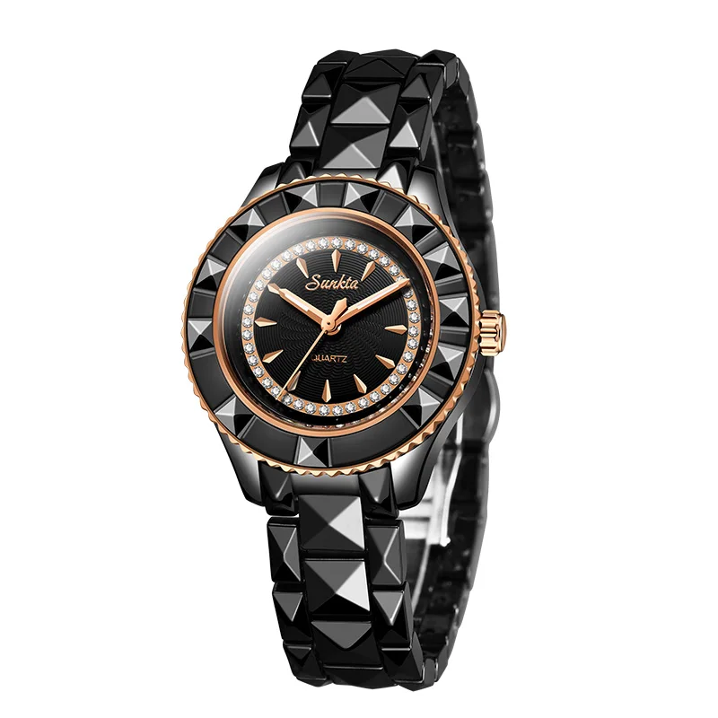 Rose gold black SUNKTA все черные керамические часы для женщин Дамская мода простые кварцевые часы для женщин лучший бренд класса люкс Женские часы Relogio Feminino - Color: Rose gold black