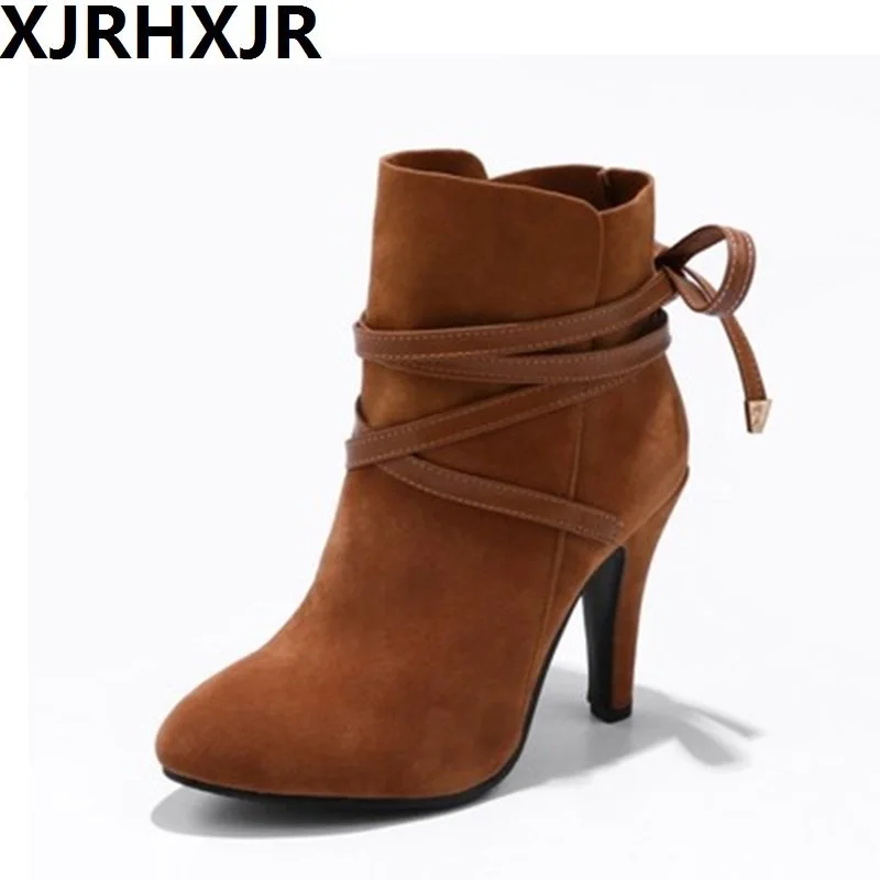 XJRHXJR/размеры 34-43; пикантная зимняя обувь; женские зимние ботильоны на толстом высоком каблуке с ремешком сзади; теплые ботинки с острым носком