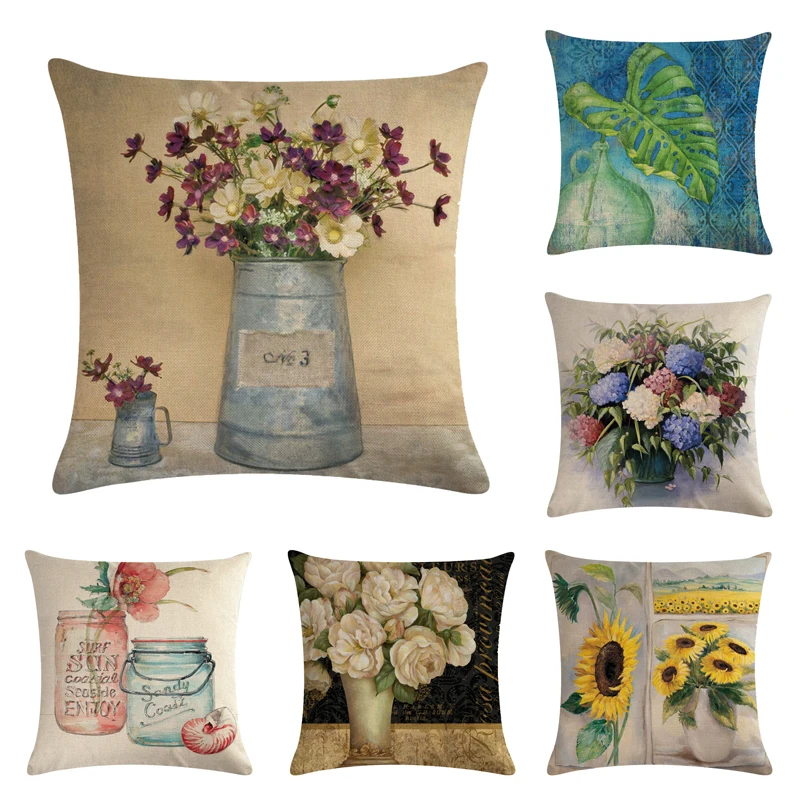 

Наволочка из хлопка и льна с принтом в виде растений