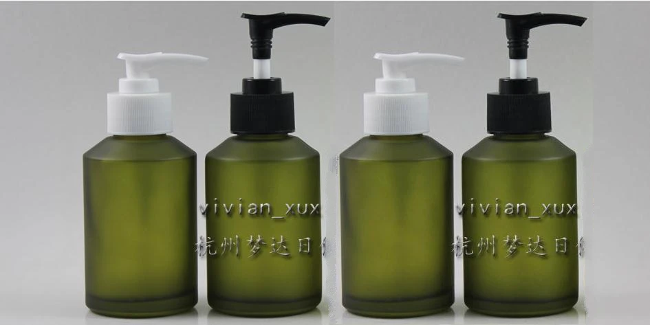125ml olive green frosted Glass lotion bottle with black/white plastic pump,cosmetic packing,cosmetic bottle,packing for liquid