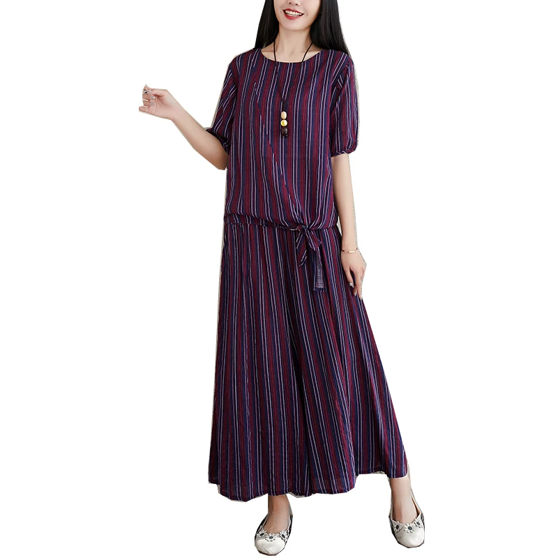 

2019 New Arrival Summer Beach Casual Cotton Linen stripe Loose Tops+Wide leg pants Two Piece Set Women Clothes Suits