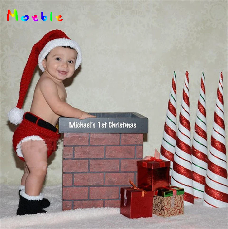 Moeble Newborn BABY Crochet Santa Clause Photography Props Three Piece Set for babies Knitted Infant Boy Photo | Детская одежда и