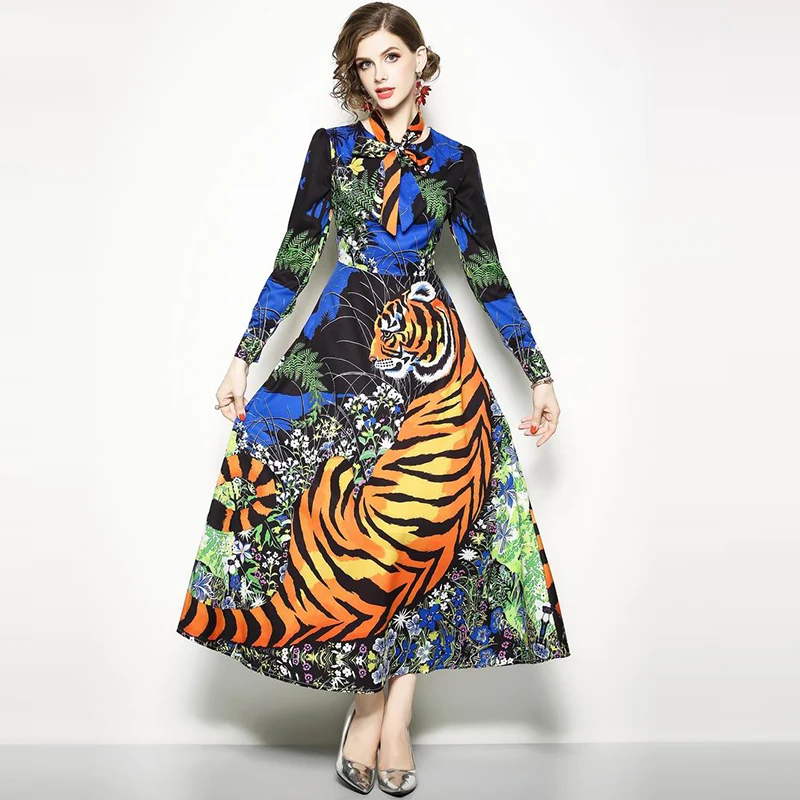 2018 Summer Women O Neck With Bow Tie Dress Vintage Long Sleeve Tiger Printing Dresses Vestidos de festa Female Brand Clothing | Женская