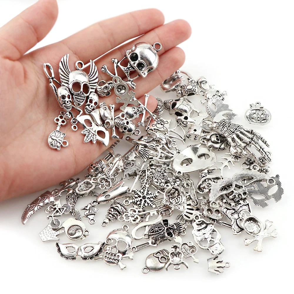 

Mix Style 100pcs Skeleton Vintage Silver Harms European Bead Charm Fit For Style Bracelets Necklace DIY Metal Jewelry Making