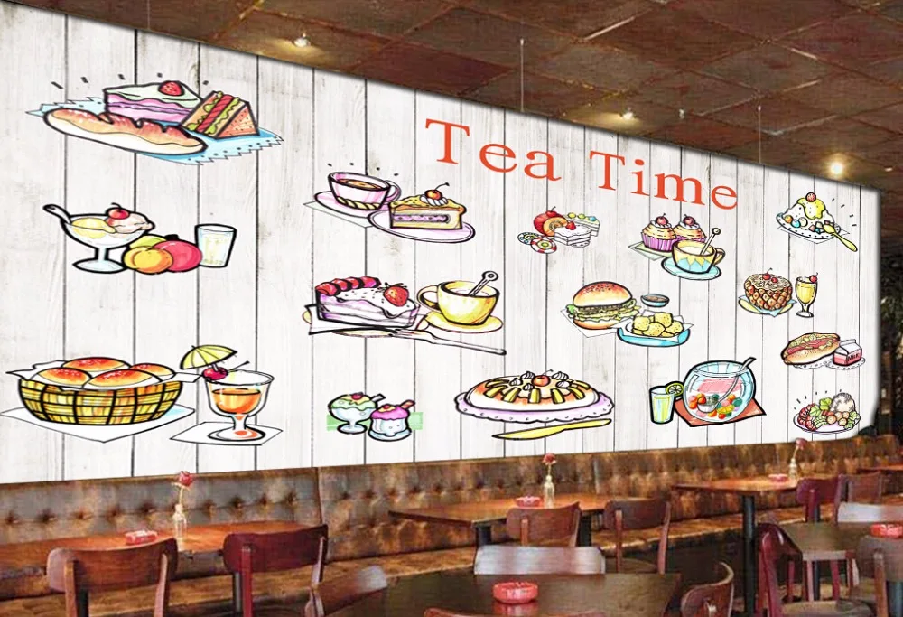 Обои деревянные на заказ ручная роспись иконы еды 3D Мультяшные фрески для кафе