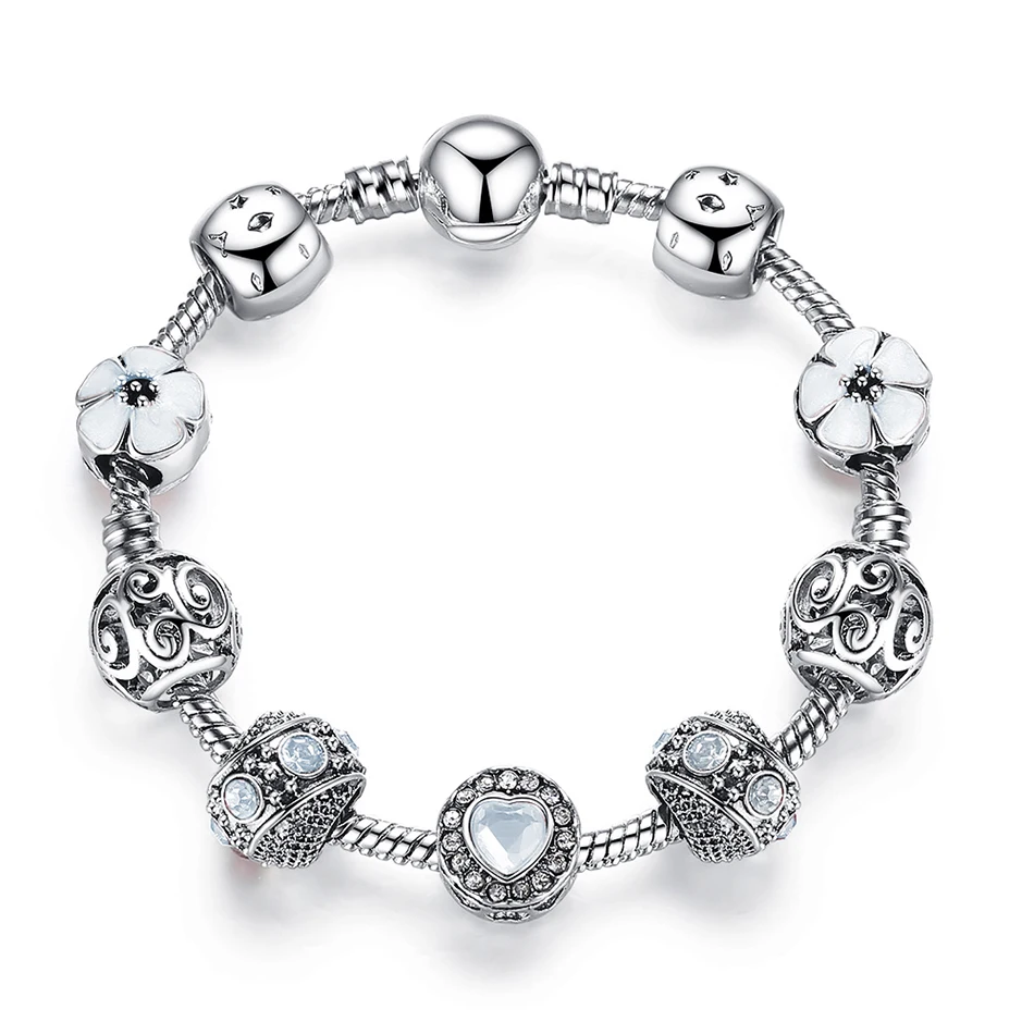 4 Color 925 Silver High Quality Enamel Flower Charm Bracelet &amp Bangle Crystal Love Heart for Women Wedding Jewelry Gift | Украшения и