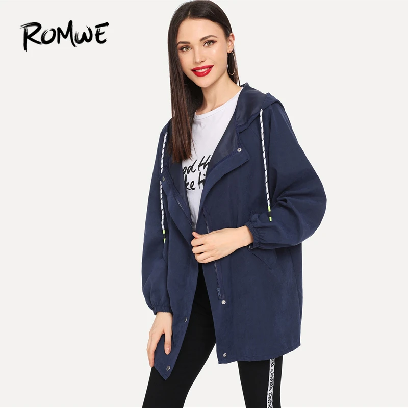 ROMWE синий мультфильм печати с капюшоном верхняя одежда женские куртки и пальто повседневное осень одежда шнурок карман на молнии пальто