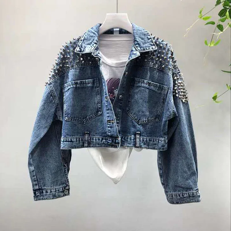 YingYuanFang, модная новинка, рукав летучая мышь, тяжелая работа, заклепки, короткая вымытая джинсовая куртка, Женская куртка