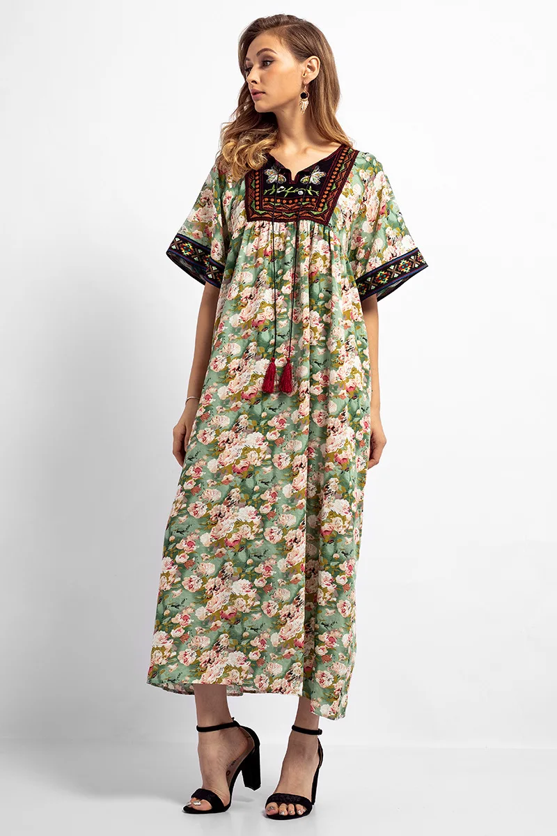 Summer Bohemian Embroidery Maxi Dress Printed Tassel Indian Abaya Short Sleeves Dubai Ankle-Length Long ZD83032 | Женская одежда