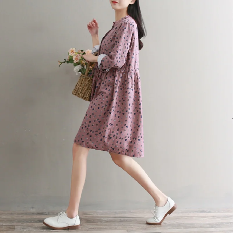 Весенне осеннее милое платьице с воротником стойкой и принтом листьев Mujer Vestido