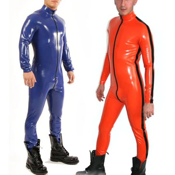 

0.4MM Thickness Rubber Latex Men's Catsuit With Side Line Front Zip Sexy Latex Tights Bodysuit