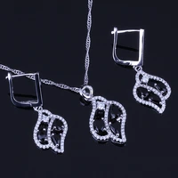 lovely leaf black cubic zirconia white cz silver plated jewelry sets earrings pendant chain v0025