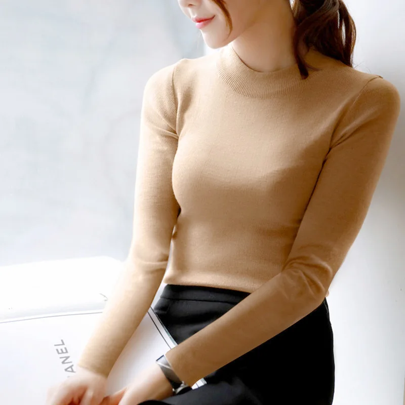 Autumn Winter Women Pullovers Sweater Knitted Elasticity Jumper Slim Half Turtleneck Warm Female White Black Sweaters Tops Femme | Женская