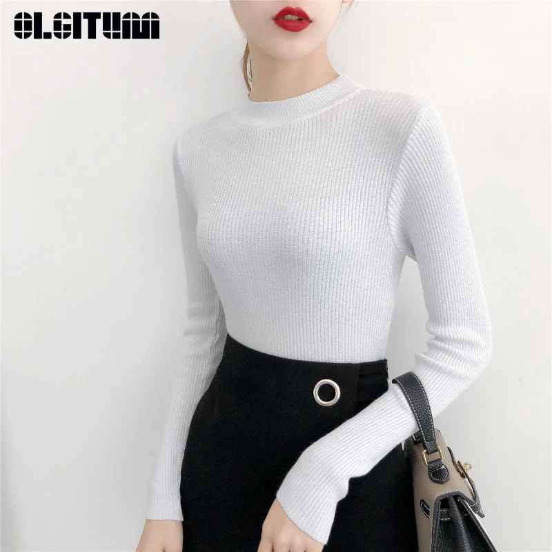 Bright Sewing Elegant Female Sweater 2020 Autumn/Winter Slim Half-high Collar Solid Women Pullover Long-sleeved High Quality | Женская
