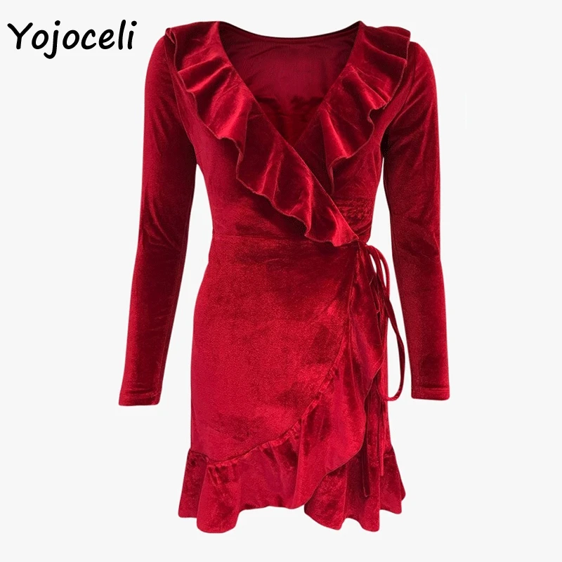 Yojoceli 2018 новое Золотое бархатное платье с оборками женское сексуальное