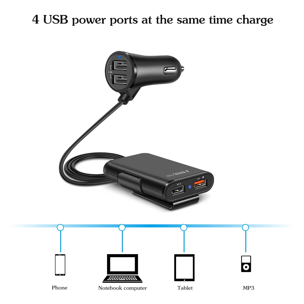 POWSTRO 4 порта Быстрый 3,0+ A USB Автомобильное зарядное устройство Универсальный USB Быстрый адаптер с 5.6ft удлинитель Кабель для MPV автомобильный телефон