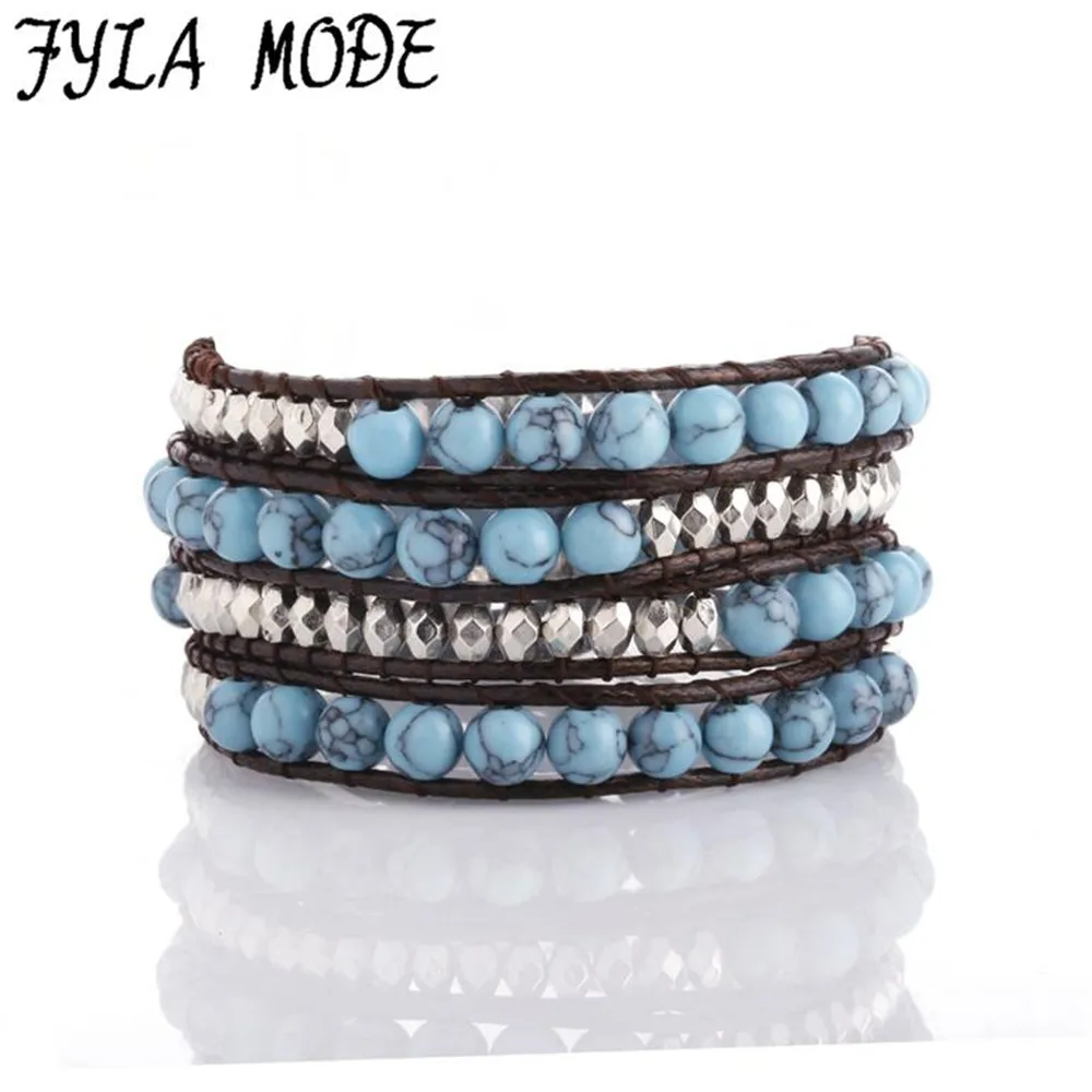 6mm Blue Stone Bead Charm Bracelet Silver Color Faceted 4 Wrap On Immitation Leather Handmade Jewelry Cuff Bangle | Украшения и