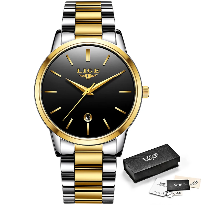 LIGE Fashion Casual Brand Waterproof Watch Men Slim Simple Stainless Steel Quartz Watches Clock Mens Relogio Masculino +gift box | Наручные