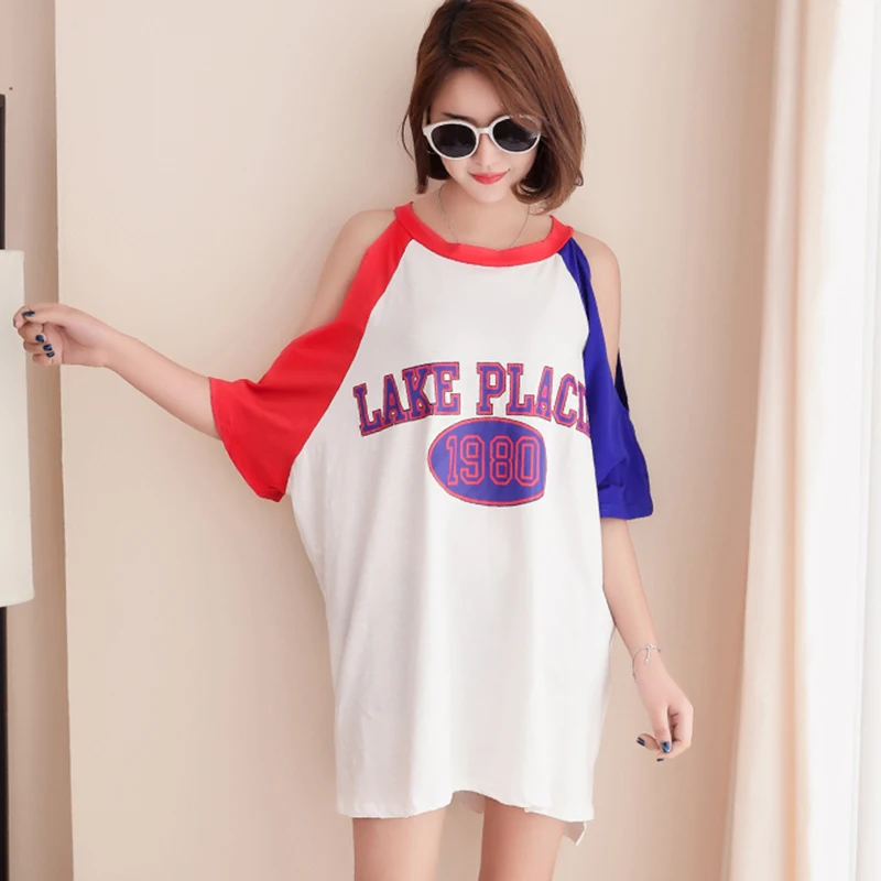 

Fashion T-shirts For Women 2018 Off Shoulder T-shirts Contrast Color Medium Long Short Sleeve Chic Letter Print Loose Tees