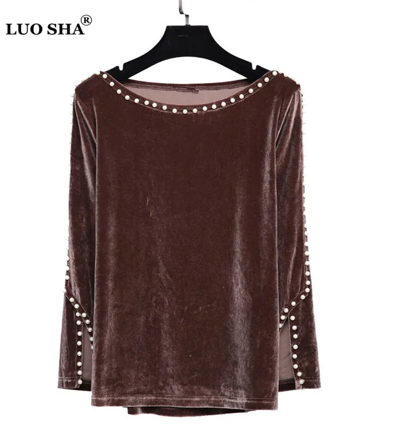 Женская бархатная блузка LUO SHA с длинным рукавом и бусинами|plus size women blouse|womens tops and