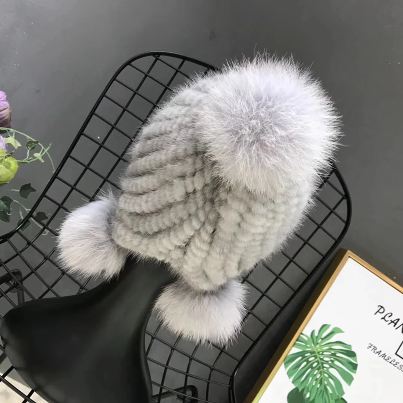 

Fashion Womens Real Mink Fur Hats with Stripe Design Cute Ladies Winter Warm Mink Fur Caps Bomber Hats
