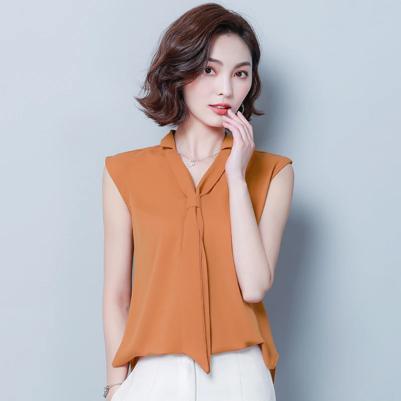 Новинка лета 2019 короткие шифоновые рубашки с отворотами жилет без рукавов дизайн