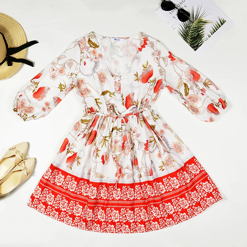 

BEFORW Summer Boho Mini Dress Sexy V Neck Lace Up Floral Print Beach Dresses 2019 Female Party Dress Women Clothes Vestidos