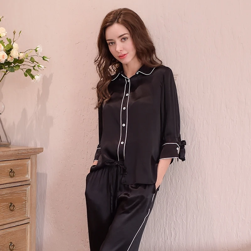 Genuine Silk Women's Pajamas 100% Silk Sleepwear Female High Quality Sexy Black Pyjama Pants Two-Piece Sets T8148