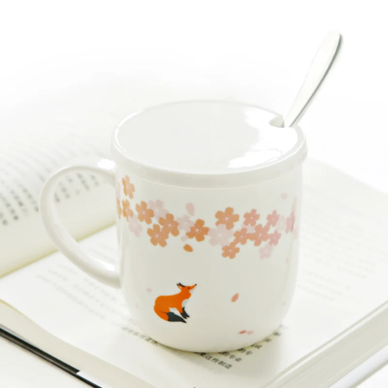 Ceramic Coffee Milk Mugs with Lid Spoon Sakura Cute Fox Deer Bear Mug Office Tea Creative For Kids Bithday Christmas Gifts | Дом и сад