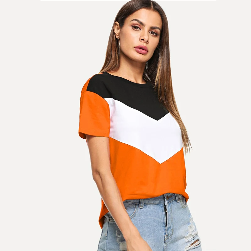 SweatyRocks Cut and Sew Tee многоцветный короткий рукав круглый вырез пэчворк повседневные топы женские летние Athleisure футболка с цветными деталями