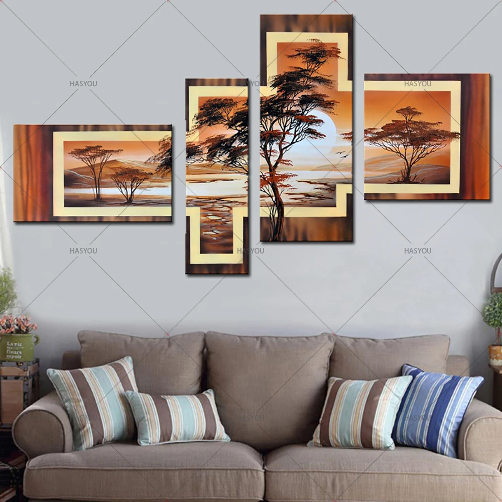 Абстрактная масляная живопись с деревом пейзаж 4 шт.|4 piece canvas art|canvas artoil painting |