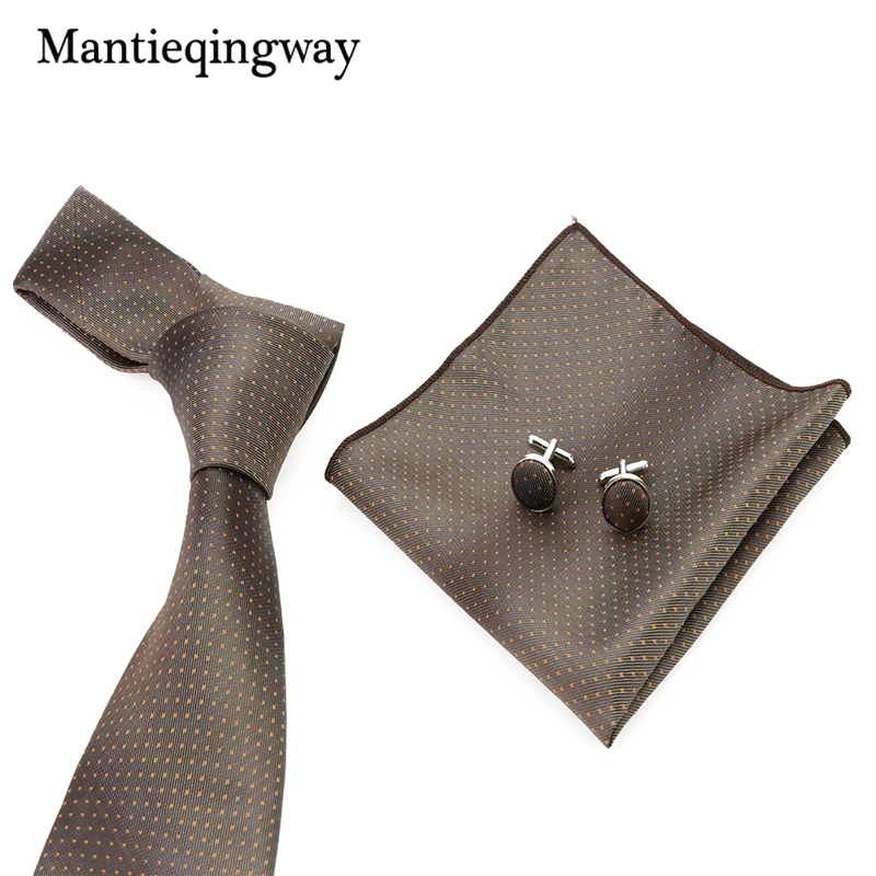 Mantieqingway 2017 Мужской Бизнес Коричневый Горошек 8 5 см Галстук платок Запонки набор
