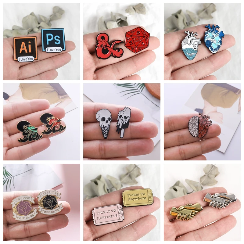 

2pcs/set Skeleton Heart Octopus Handshake Icon Ticket Badges Brooches Enamel backpack couple pins Fashion Gift Jewelry wholesale