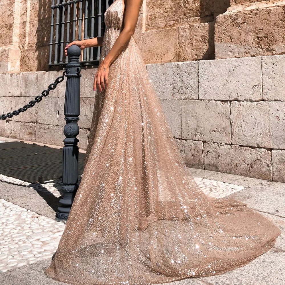 Women's sexy lace solid color sleeve back hollow V-neck long elegant dress summer dresses and sundresses #30 | Женская одежда