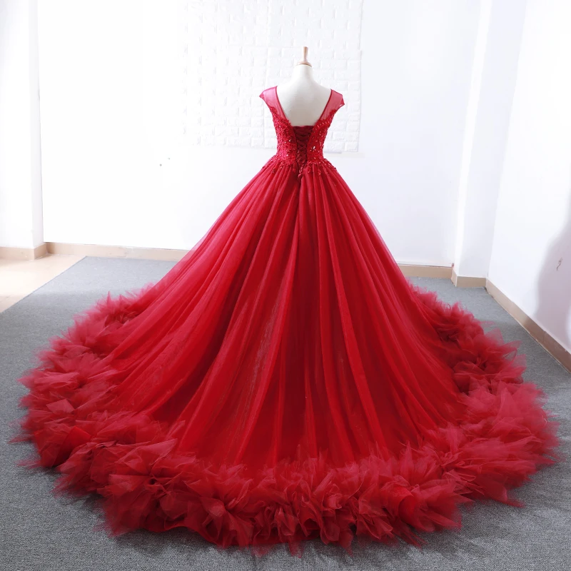 Burgundy Prom Dresses Fashion Red Ball Gown Prom Dress 2018 Saudi Arbaic Modern Design Sheer Lace Top Corset Elegant Prom Gowns