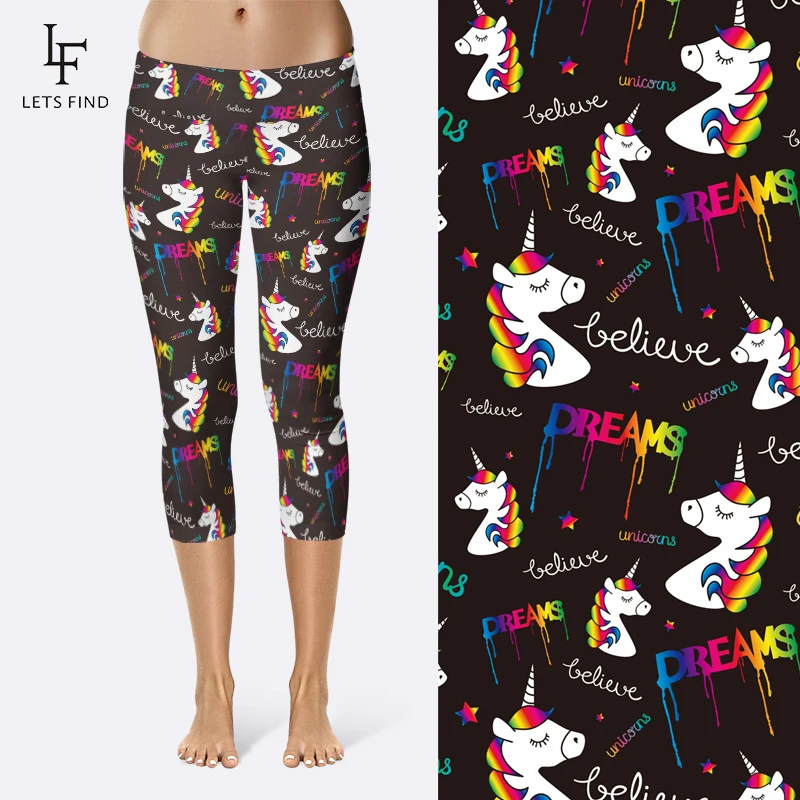 LETSFIND Fashion 3D Cartoon Unicorn Print Capri Leggings Plus Size Mid-Calf 3/4 Stretch Black Women High Waist Pants | Женская одежда