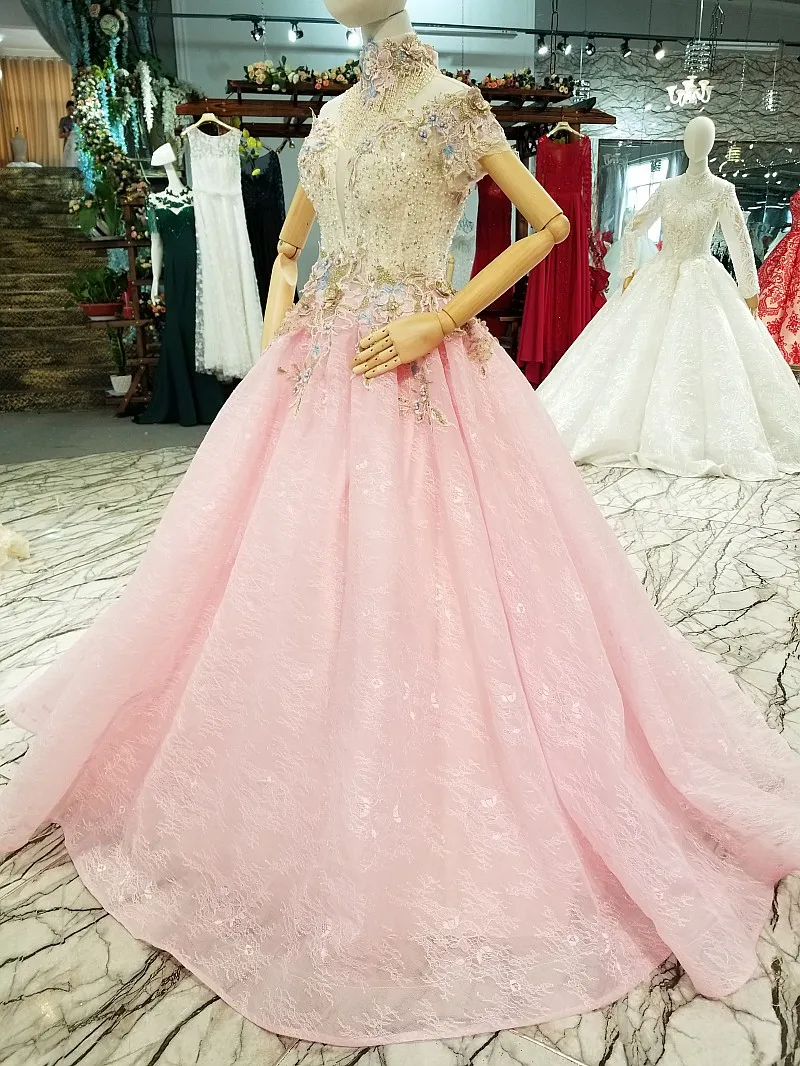 2018 Pink Tulle Evening Dress Sleeveless High Neck Formal Floor-length Ball Gown Vintage Prom Dresses Vestido De Festa | Свадьбы и